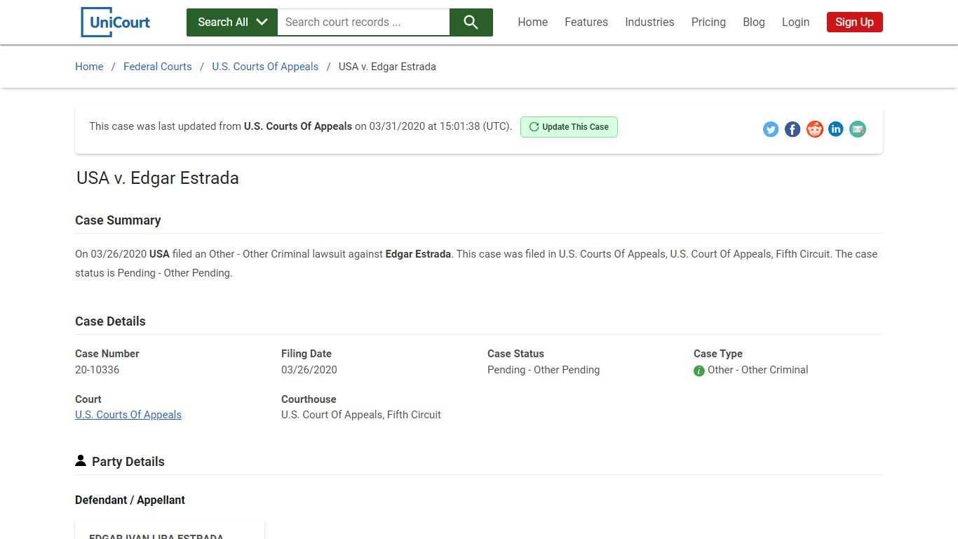 USA v Edgar Estrada | 20-10336 | Court Records - UniCourt
